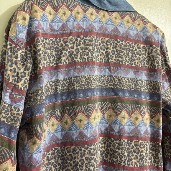 Vintage 90s Mixed Animal Print Geometric Shirt Denim Collar Indiecore XL - Picture 10 of 10